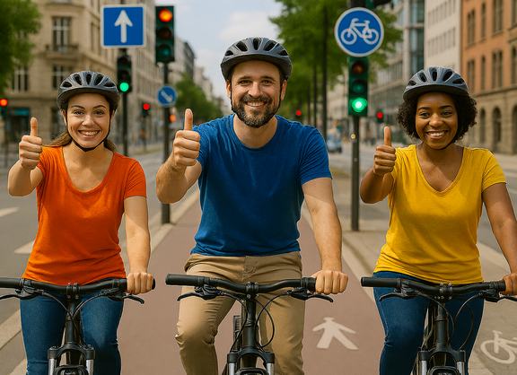Fröhliche Fahrradfahrende mit Daumen hoch